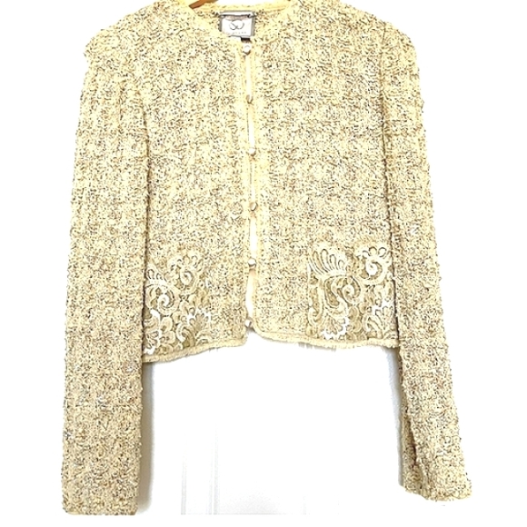 ST JOHN COUTURE 8 BOUCLE CROCHET AURORA BOREALIS LACE CREAM WOOL SILK SKIRT SUIT - Picture 15 of 16